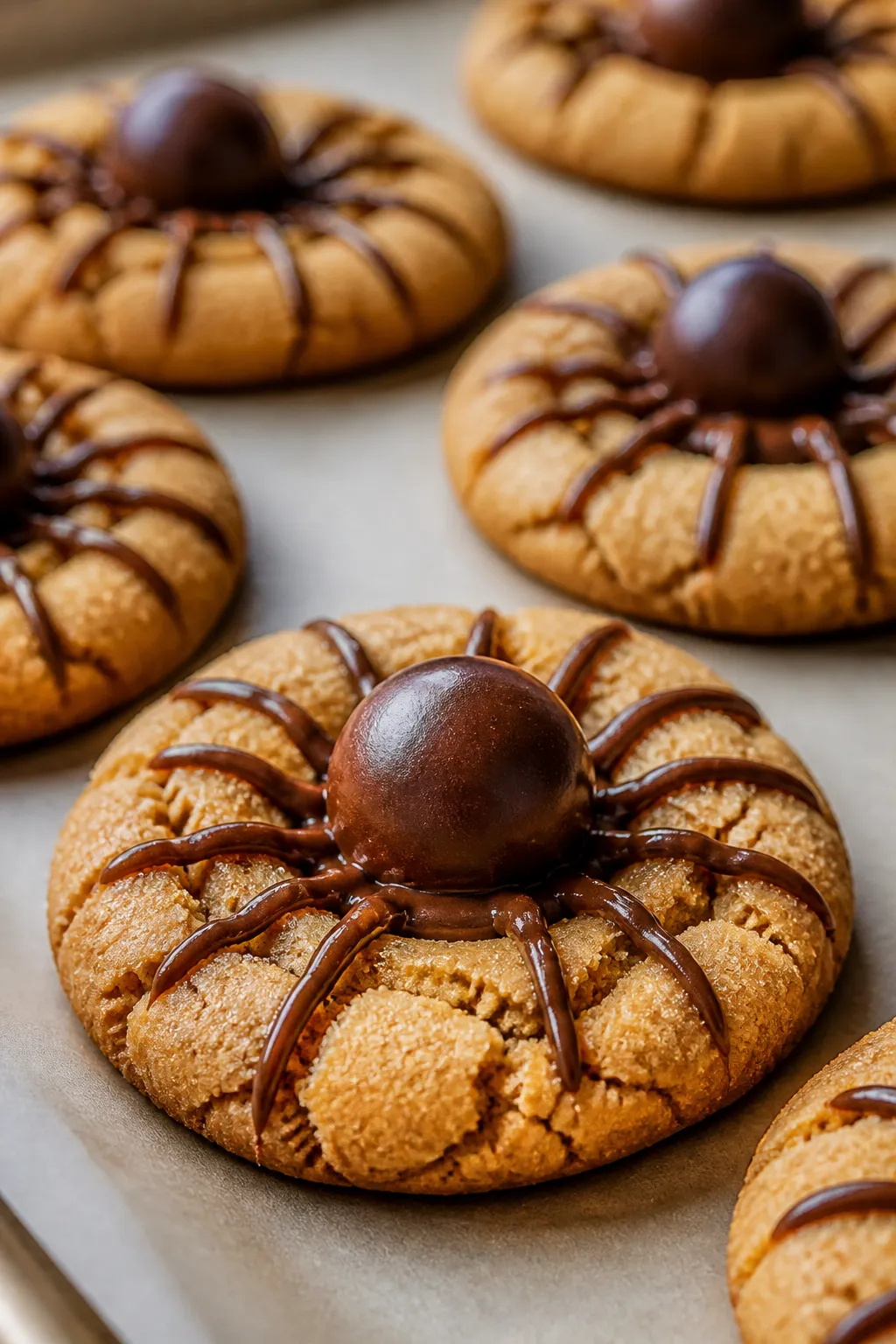 Close-up detail: Freshly baked peanut butter cookies just out of the oven with slightly cracked tops
