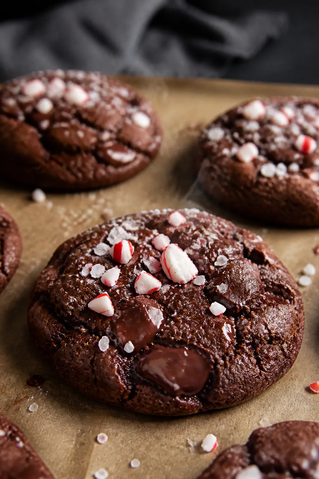 Close-up detail: Freshly baked peppermint mocha cookies just out of the oven on parchment-lined shee