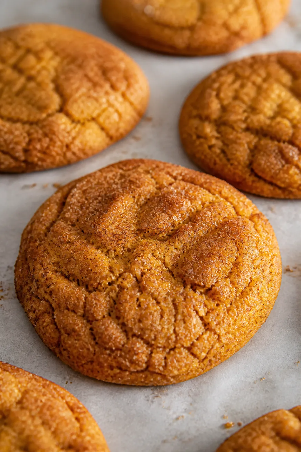 Close-up detail: Freshly baked pumpkin snickerdoodle cookies just out of the oven on a parchment-lin