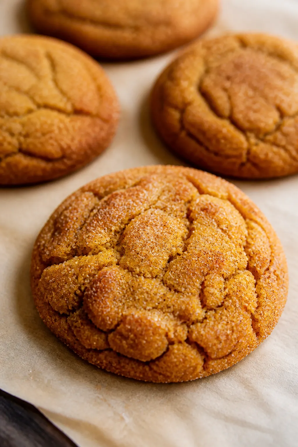 Close-up detail: Freshly baked pumpkin snickerdoodle cookie just off the baking sheet, crackly cinna