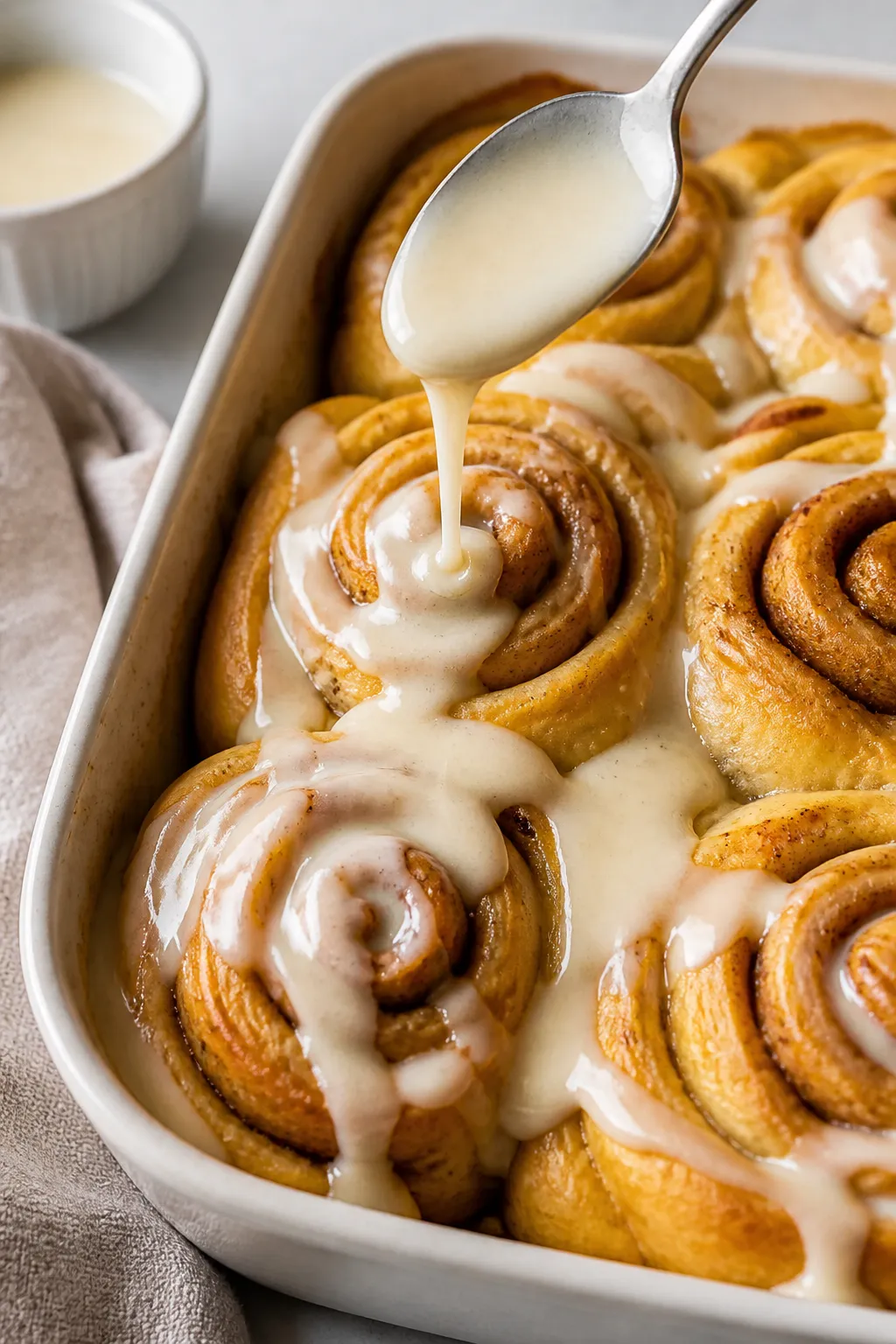 Close-up detail: Freshly baked pumpkin spice cinnamon rolls still in a 9x13 pan, tops lightly golden