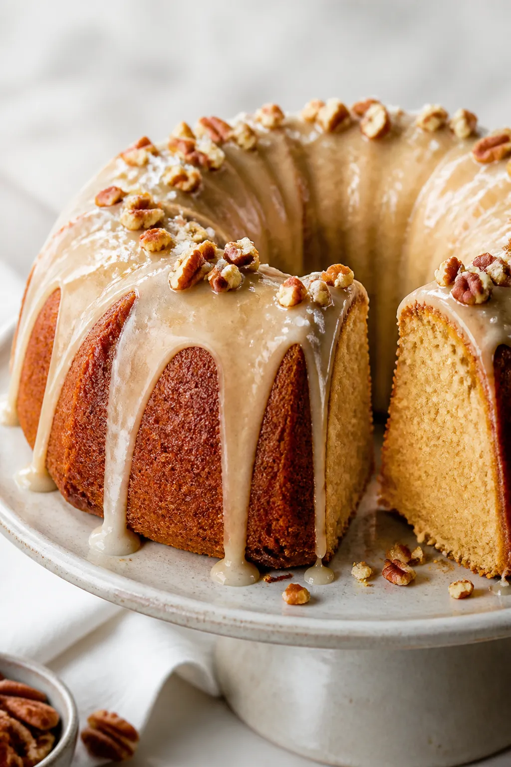 Close-up detail: Freshly glazed Maple Cream Cheese Bundt Cake, shot at a slight angle with a to emph