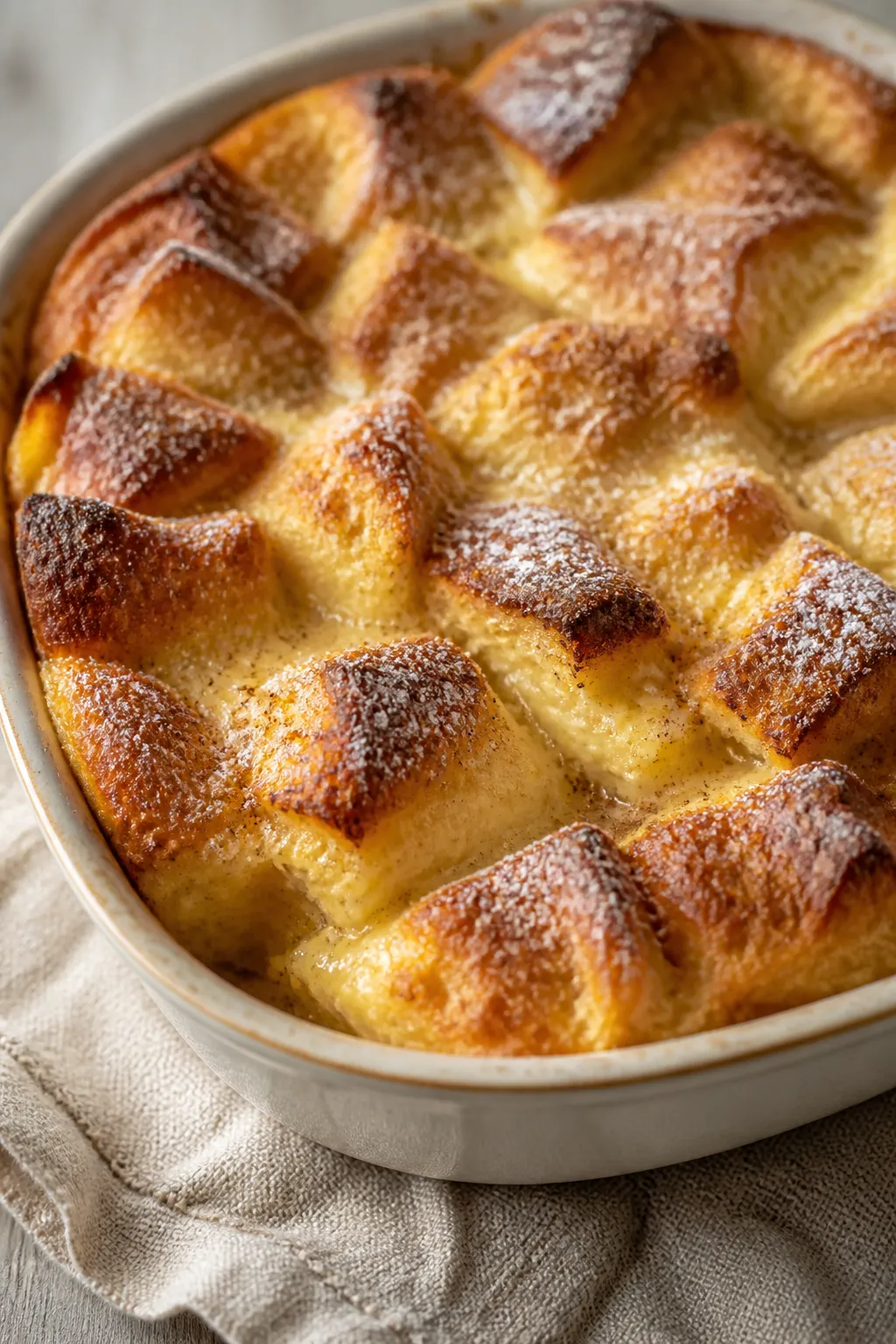Close-up detail: Golden, custardy eggnog bread pudding just out of the oven, edges puffed and lightl