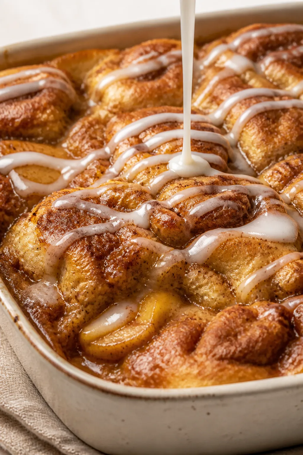 Close-up detail: Gooey Cinnamon Roll Apple Cobbler just out of the oven, showing caramelized, golden