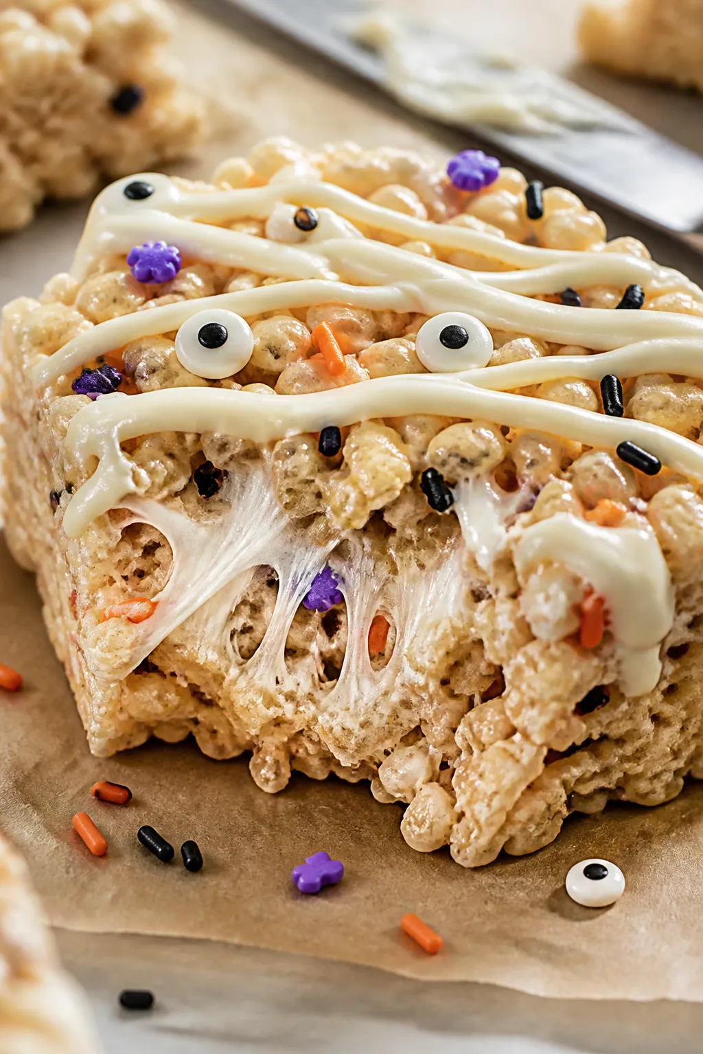 Close-up detail: Gooey Halloween Rice Krispie treat square just sliced, showing glossy, stretchy mel
