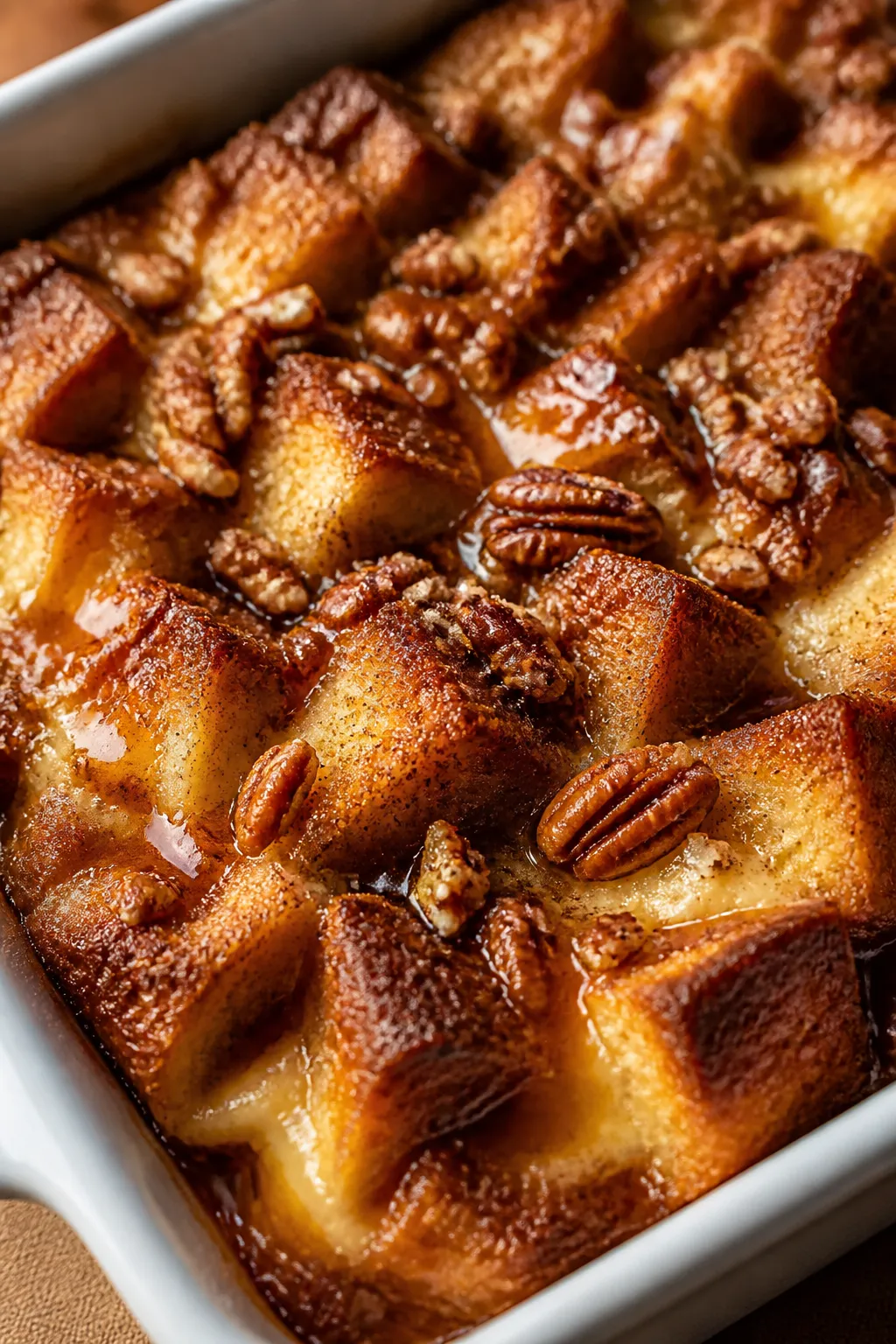 Close-up detail of freshly baked Caramel Pecan Bread Pudding just out of the oven: golden, crisp-edg