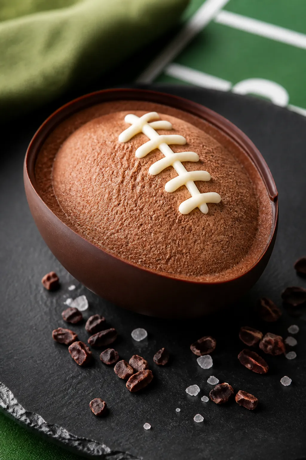 Close-up detail shot: A finished chocolate mousse cup with a glossy, sturdy dark chocolate shell and