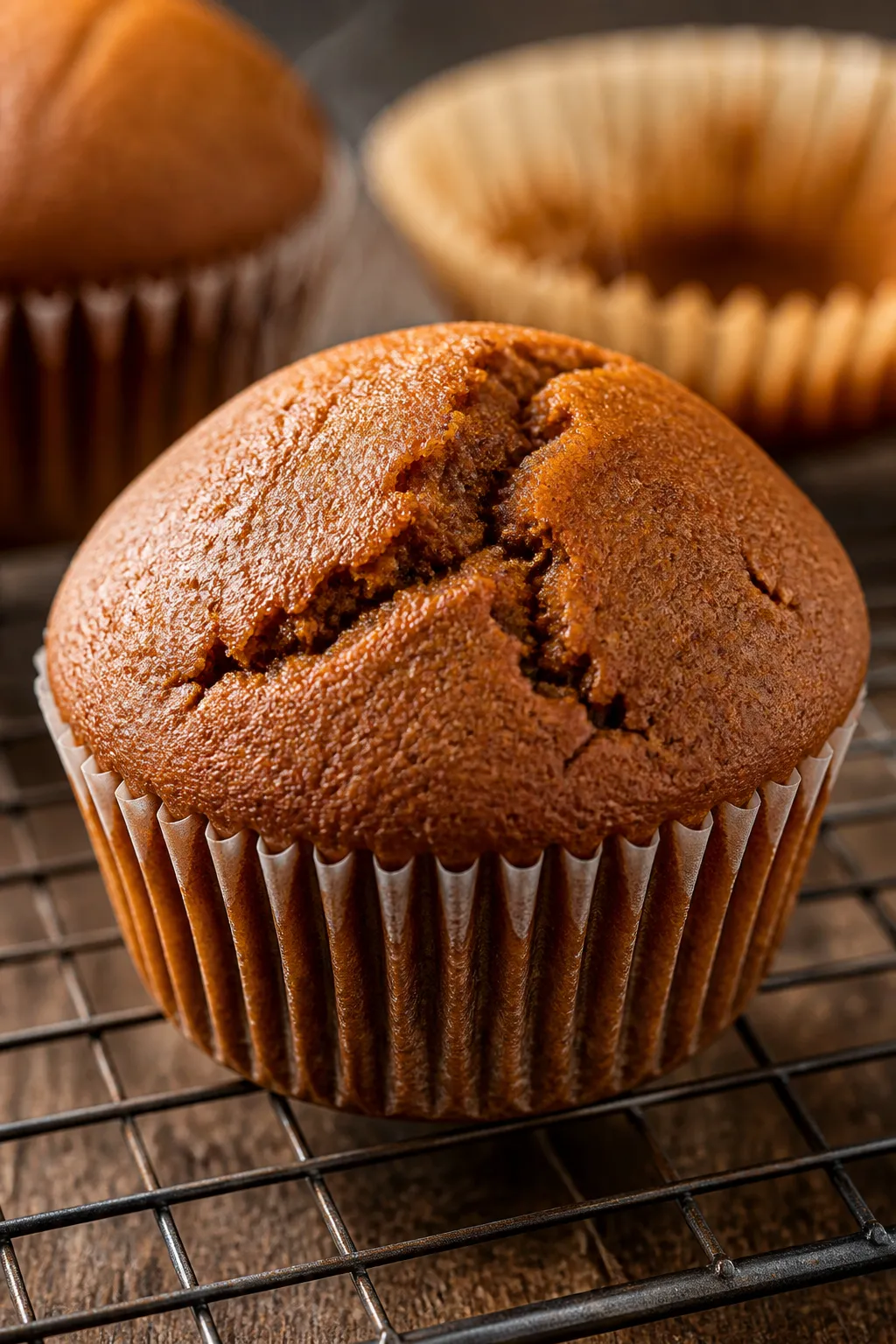 Close-up detail shot: A freshly baked gingerbread cupcake just out of the muffin tin, domed top with