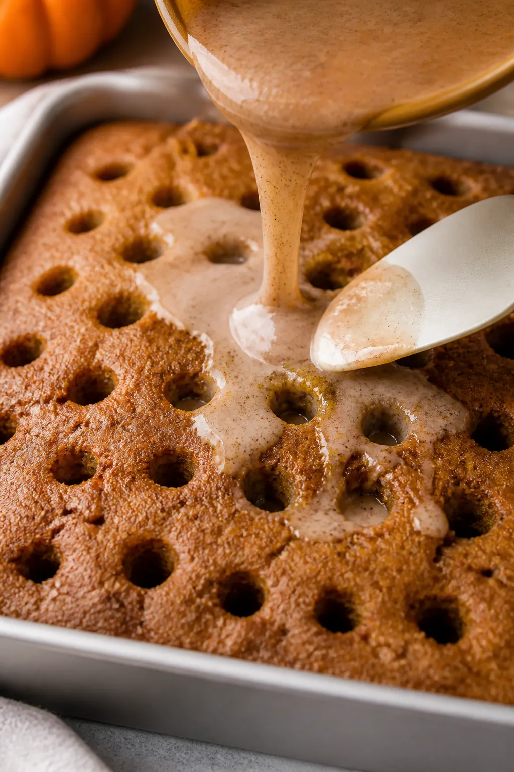 Close-up detail shot: A freshly poked, still-warm pumpkin spice cake in a 9x13 pan with visible, eve