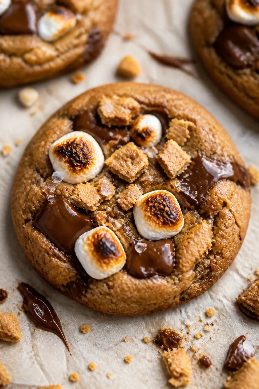 Close-up detail shot: A just-baked Pumpkin S’mores Cookie on parchment, edges set and lightly gold