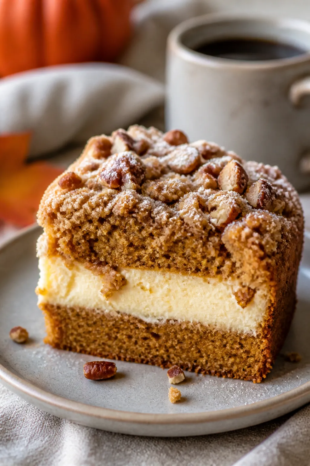 Close-up detail shot: A just-cooled slice of Pumpkin Cream Cheese Coffee Cake on a small matte stone