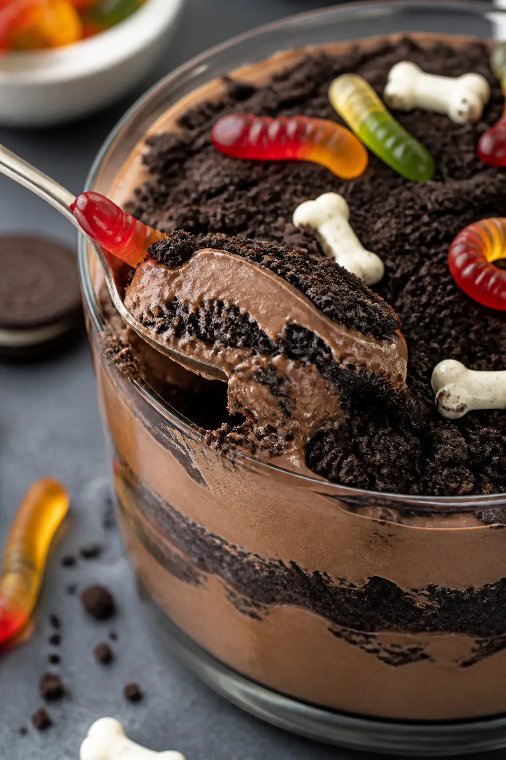 Close-up detail shot: A spoon scooping into a chilled Halloween Dirt Cake trifle, revealing distinct