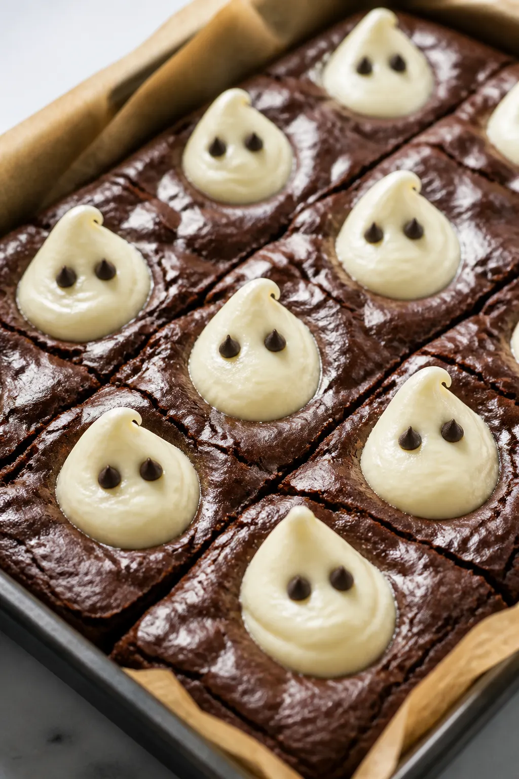Close-up detail shot: Freshly baked Ghost Cheesecake Brownies still in the parchment-lined 9x13 pan,