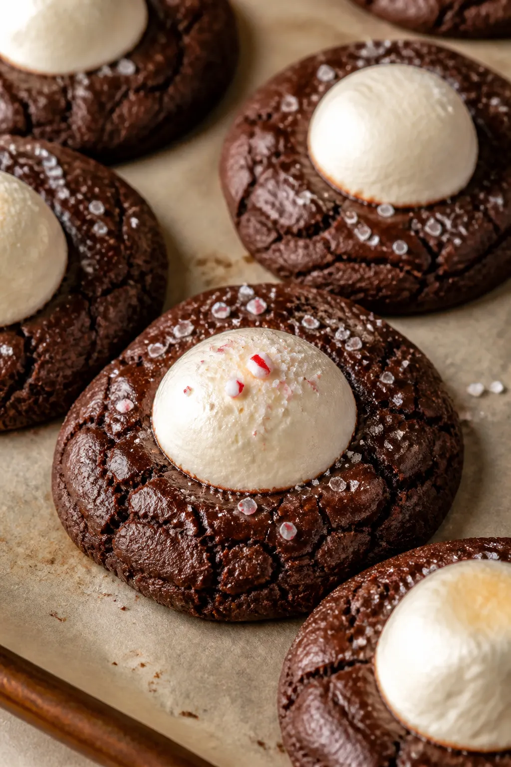 Close-up detail shot: freshly baked hot cocoa cookies just returned to the oven stage, with glossy p