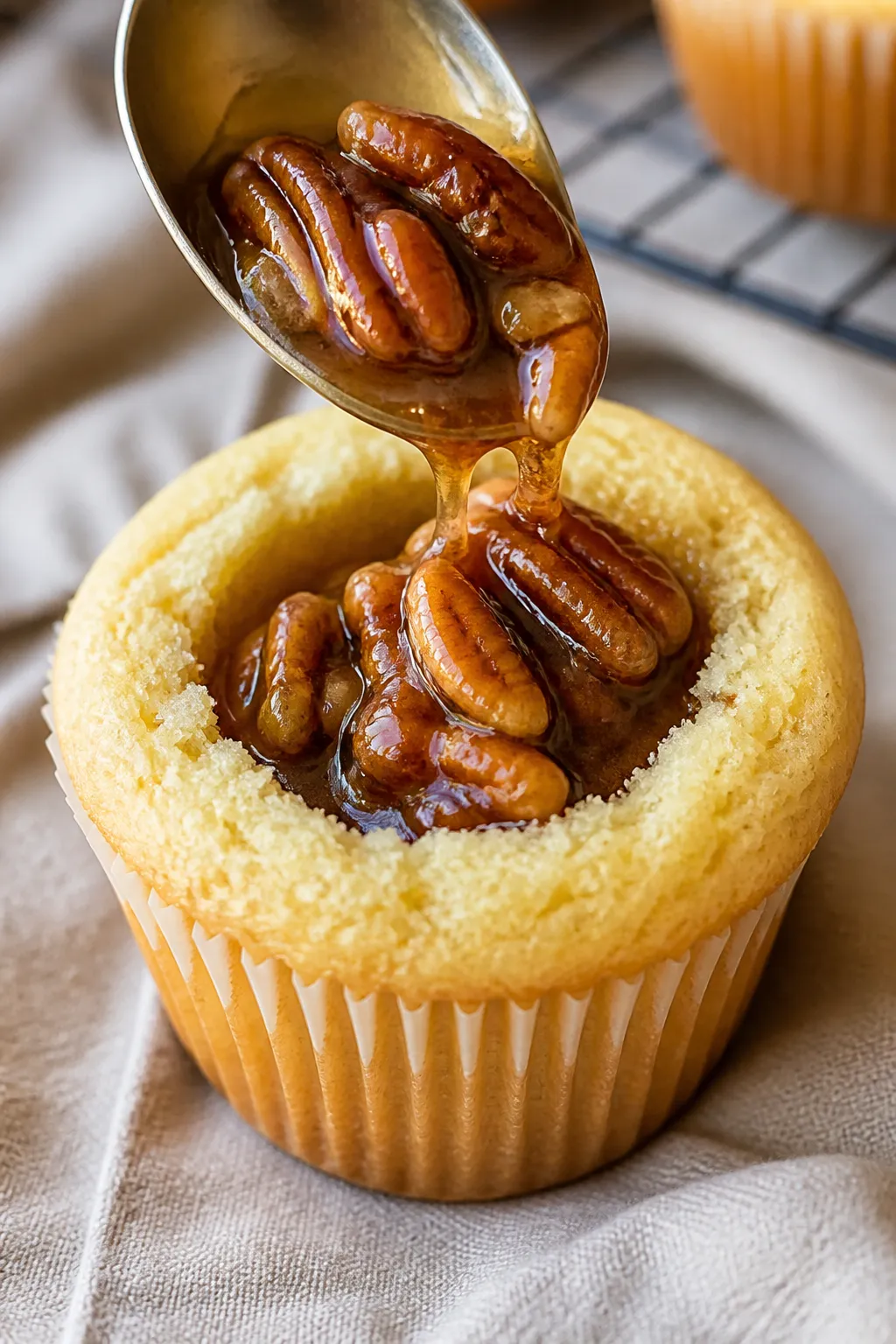 Close-up detail shot of a cored vanilla-bourbon cupcake being filled with glossy, cooled pecan pie f