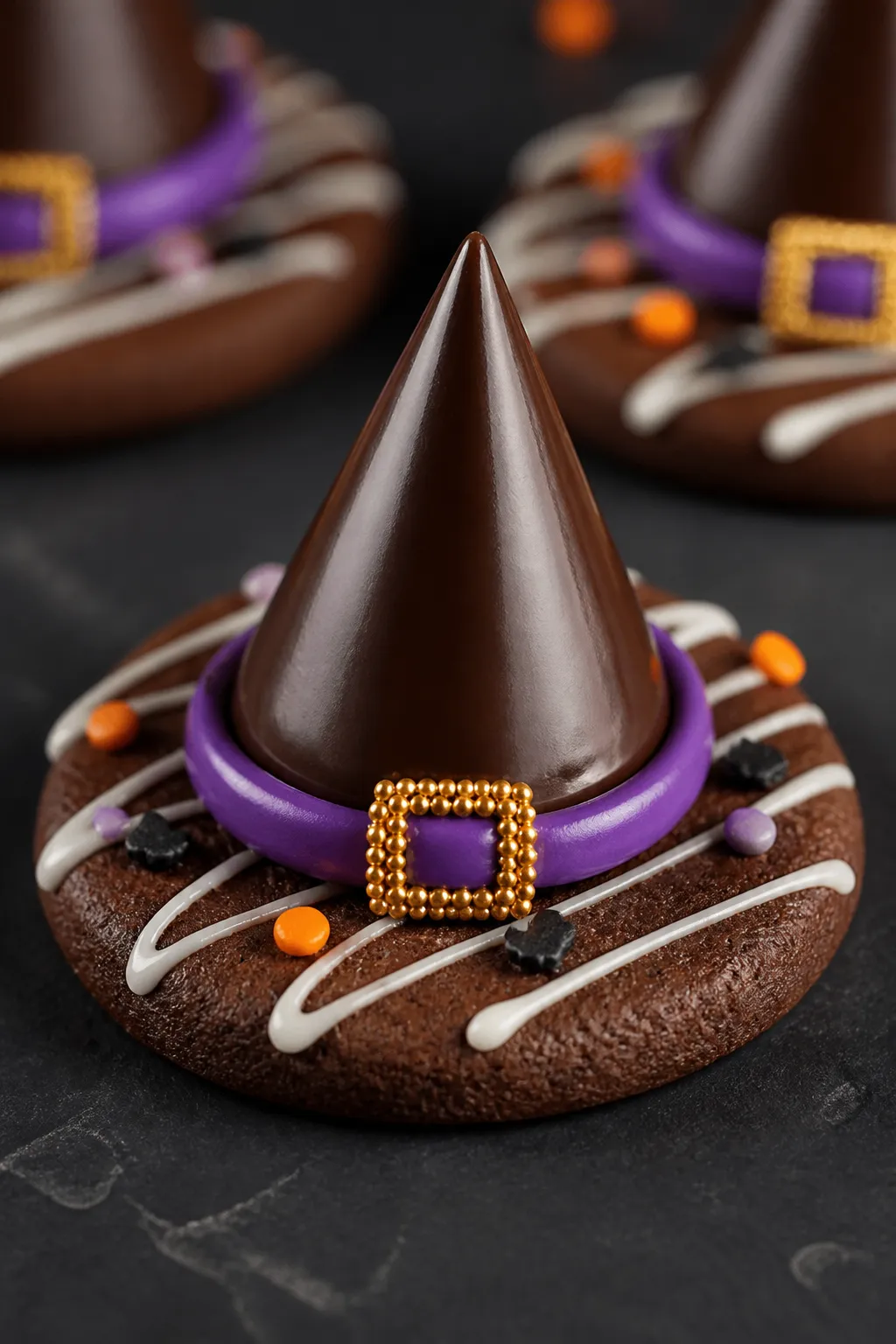 Close-up detail shot of a finished Witch Hat Cookie: glossy chocolate kiss “hat” firmly attached