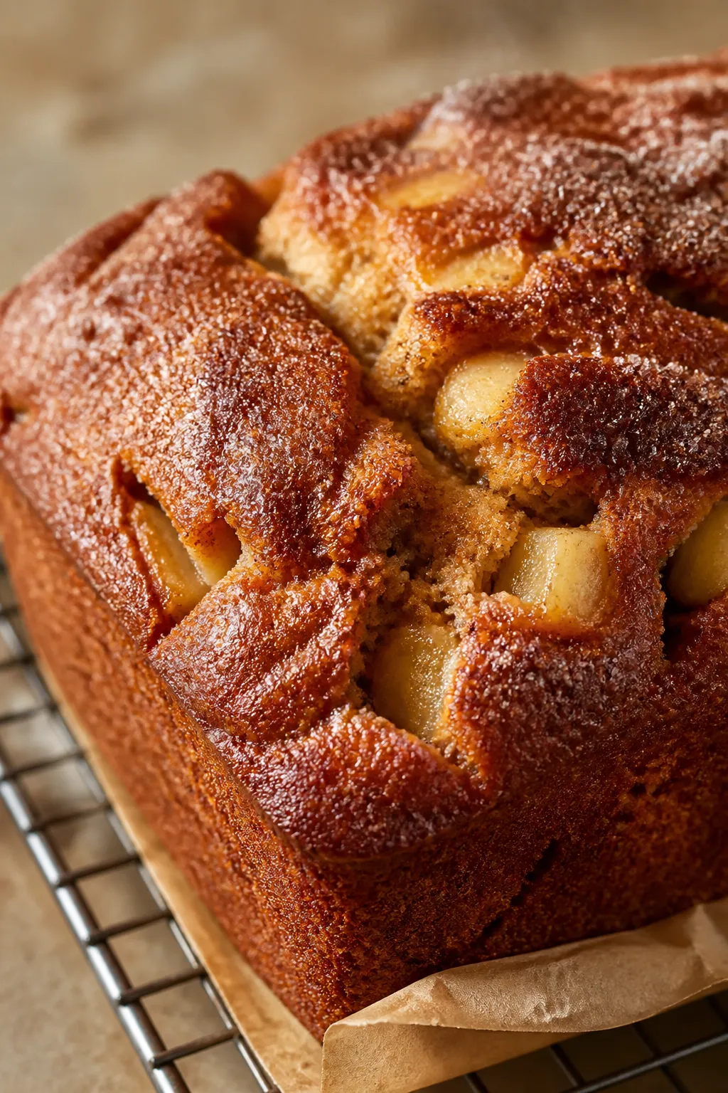 Close-up detail shot of a freshly baked cinnamon sugar apple bread loaf just out of the pan, focusin