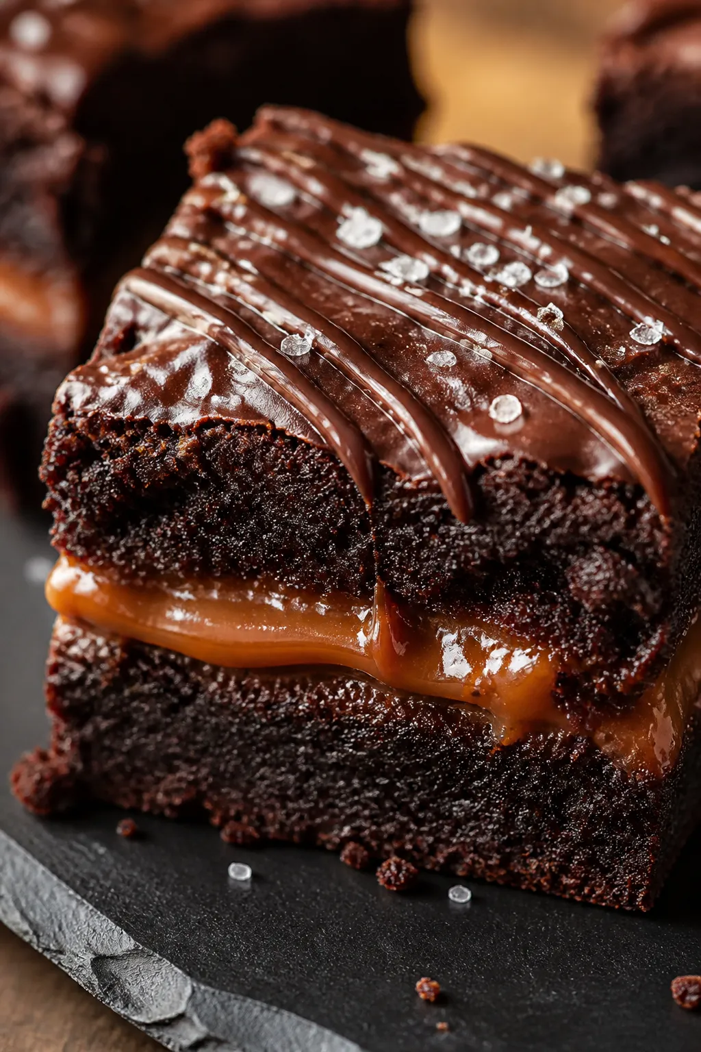 Close-up detail shot of a sliced Football Caramel Brownie square revealing the glossy caramel ribbon
