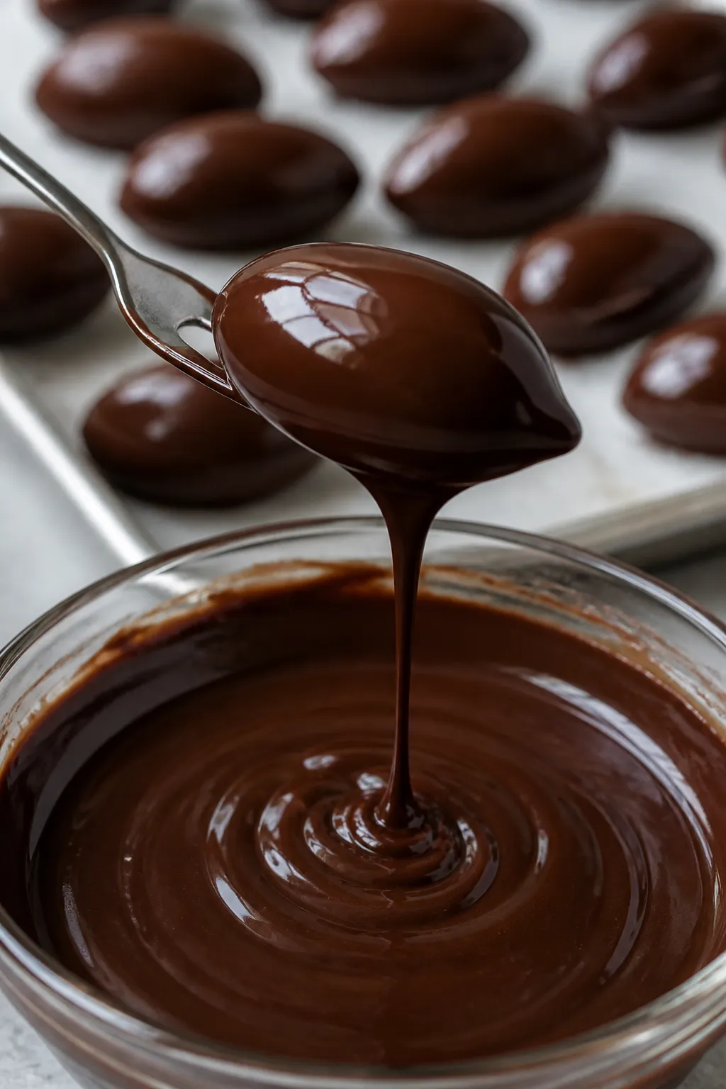 Close-up detail shot of chilled, football-shaped peanut butter centers being dipped into glossy melt