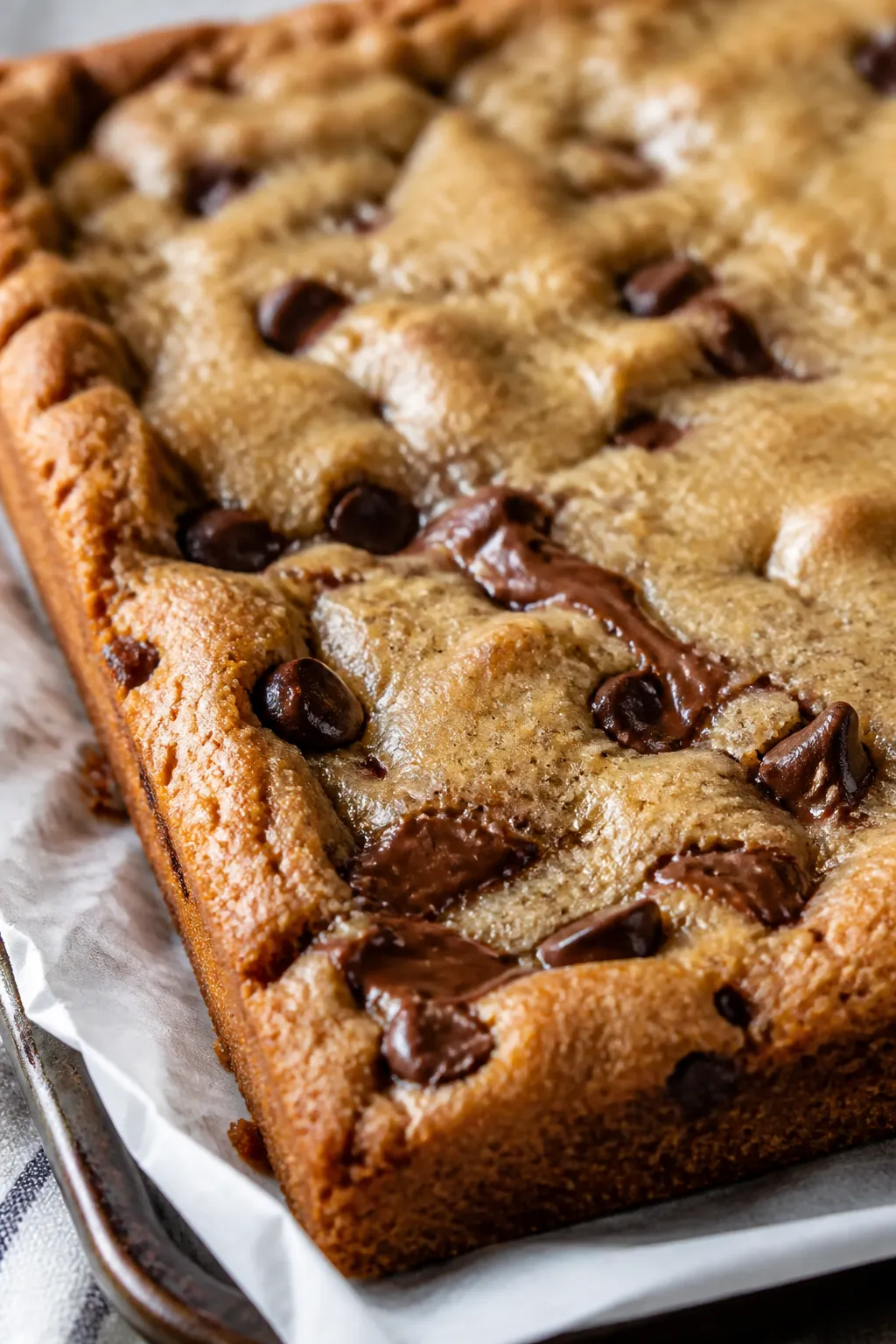 Close-up detail shot of freshly baked chocolate chip cookie bar edges in a 9x13 slab, golden-brown c