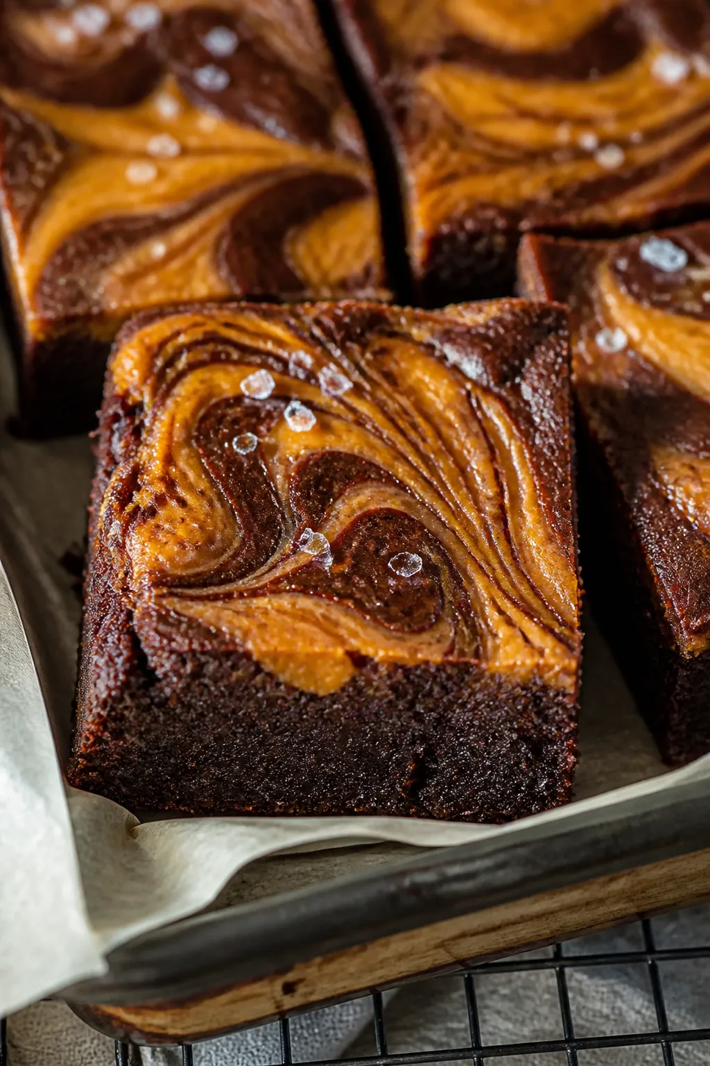 Close-up detail shot of freshly baked pumpkin cheesecake brownies just out of the pan, showing gloss