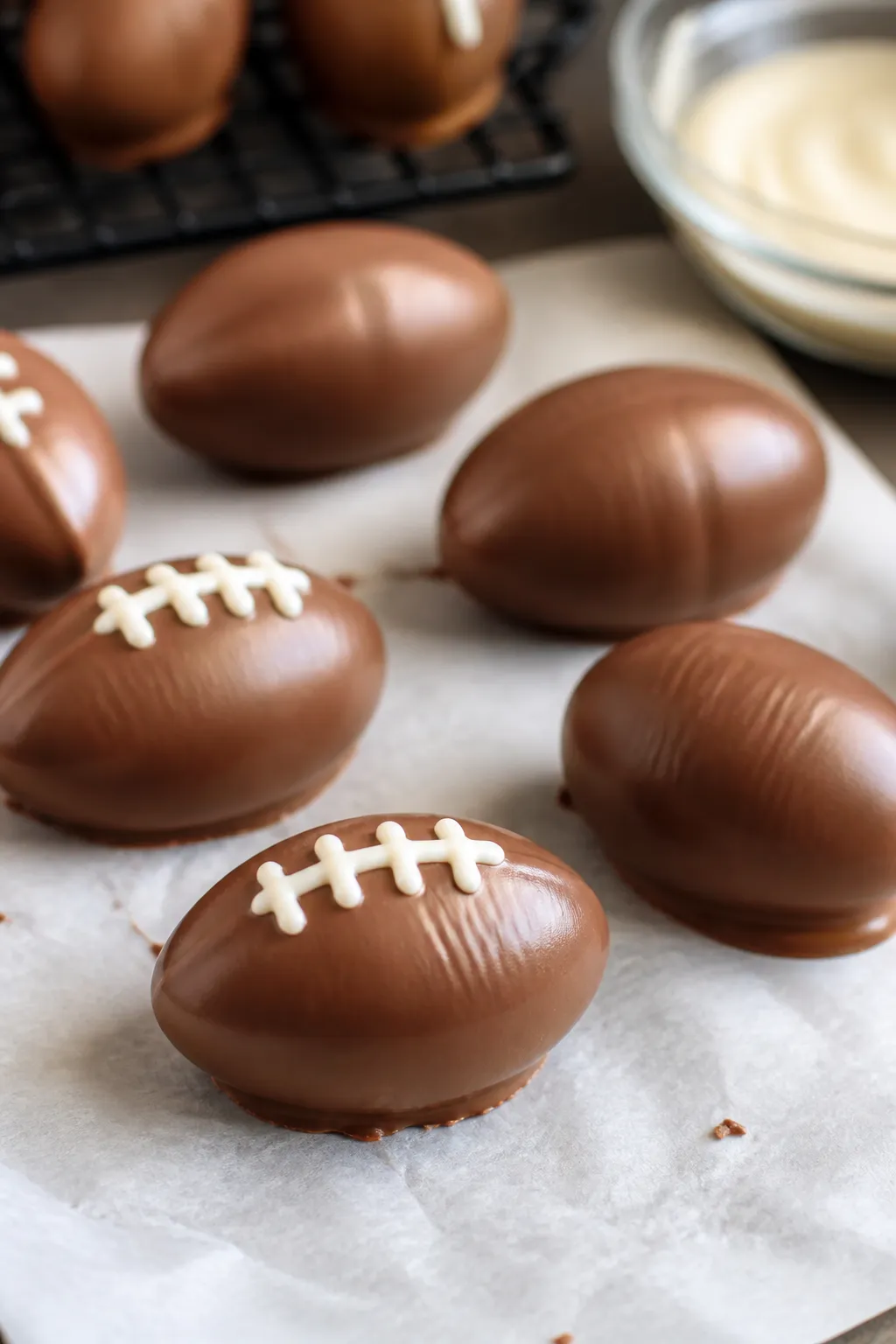 Close-up detail shot of freshly dipped Football Oreo Truffles resting on parchment, glossy milk-choc