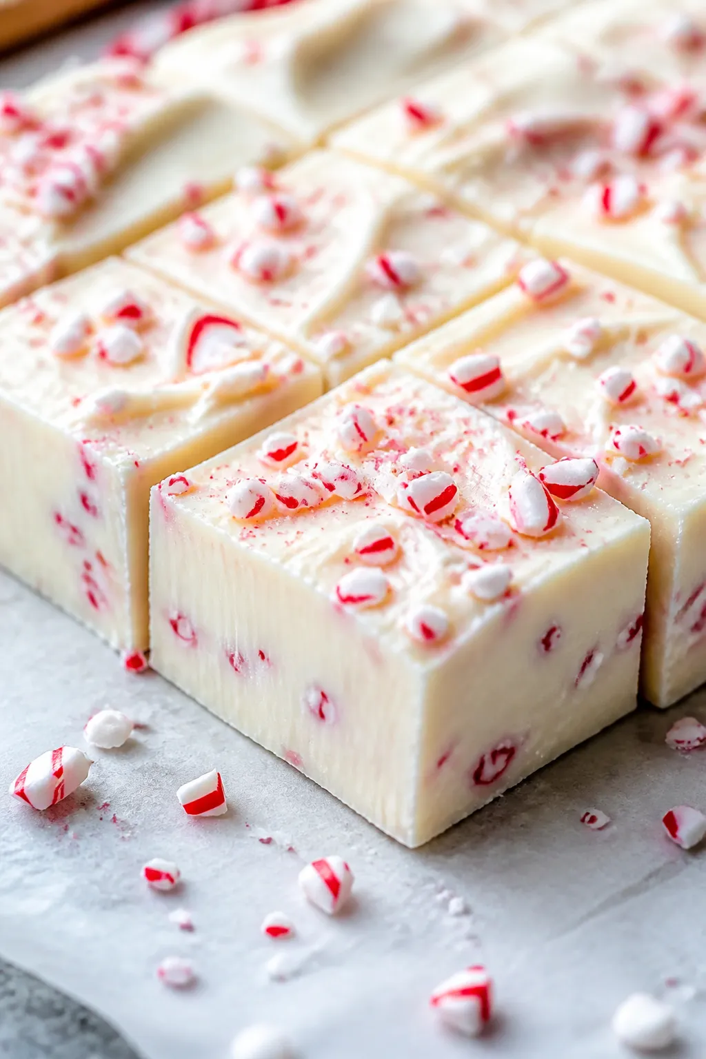 Close-up detail shot of freshly set White Chocolate Peppermint Fudge being sliced into neat 1-inch s