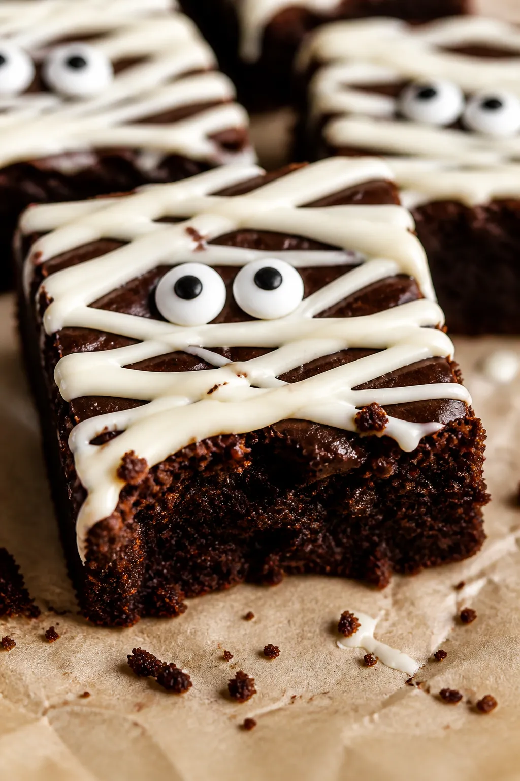 Close-up detail shot of freshly sliced Mummy Brownies showing ultra-fudgy, slightly underbaked inter