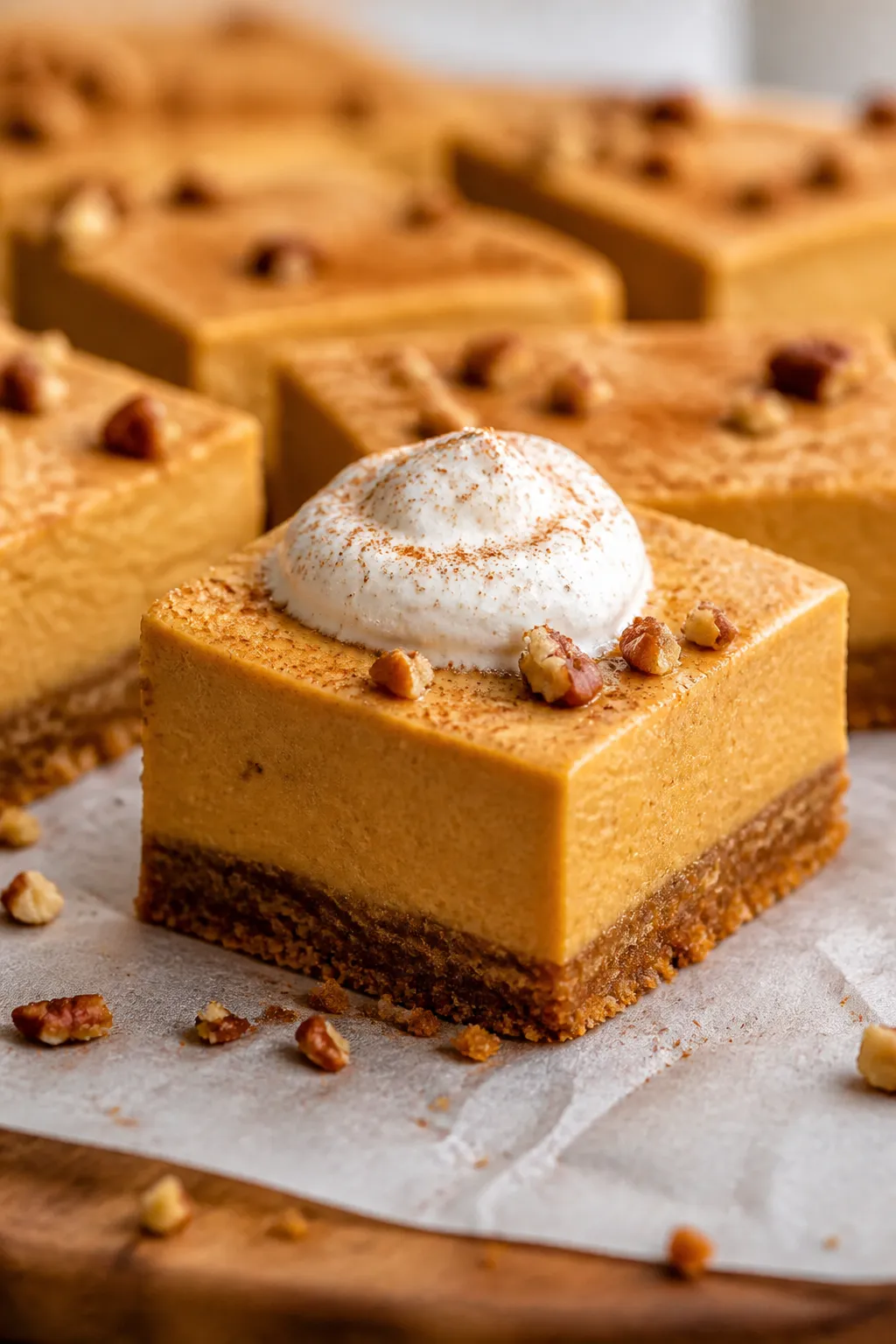 Close-up detail shot of freshly sliced Sweet Potato Cheesecake Bars on a parchment-lined cutting boa