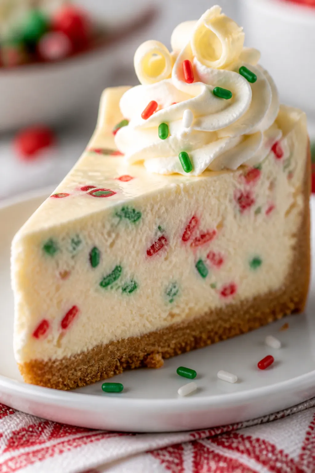Close-up detail shot of the baked and chilled Christmas Sprinkle Cheesecake slice with ultra-creamy 