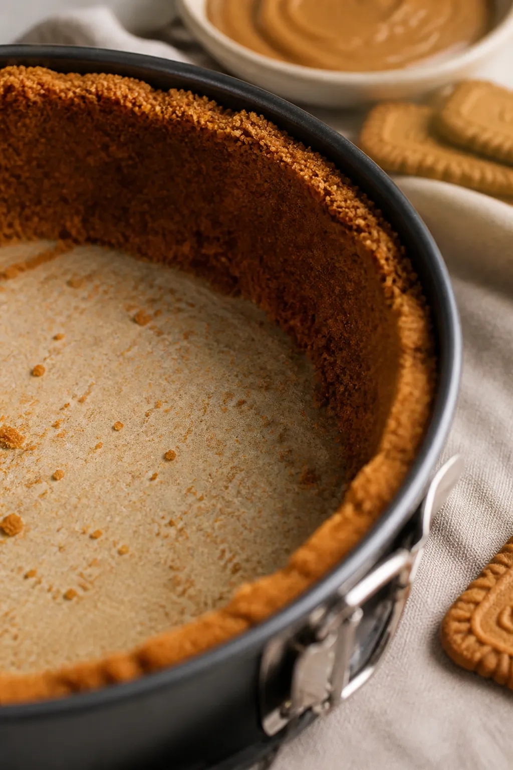 Close-up detail shot of the par-baked Biscoff crust in a 9-inch springform pan: golden-brown, sandy-