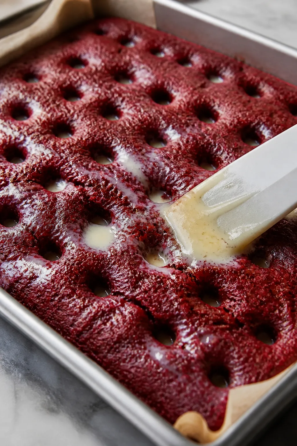 Close-up detail shot: Warm red velvet poke cake just after poking, with evenly spaced spoon-handle h