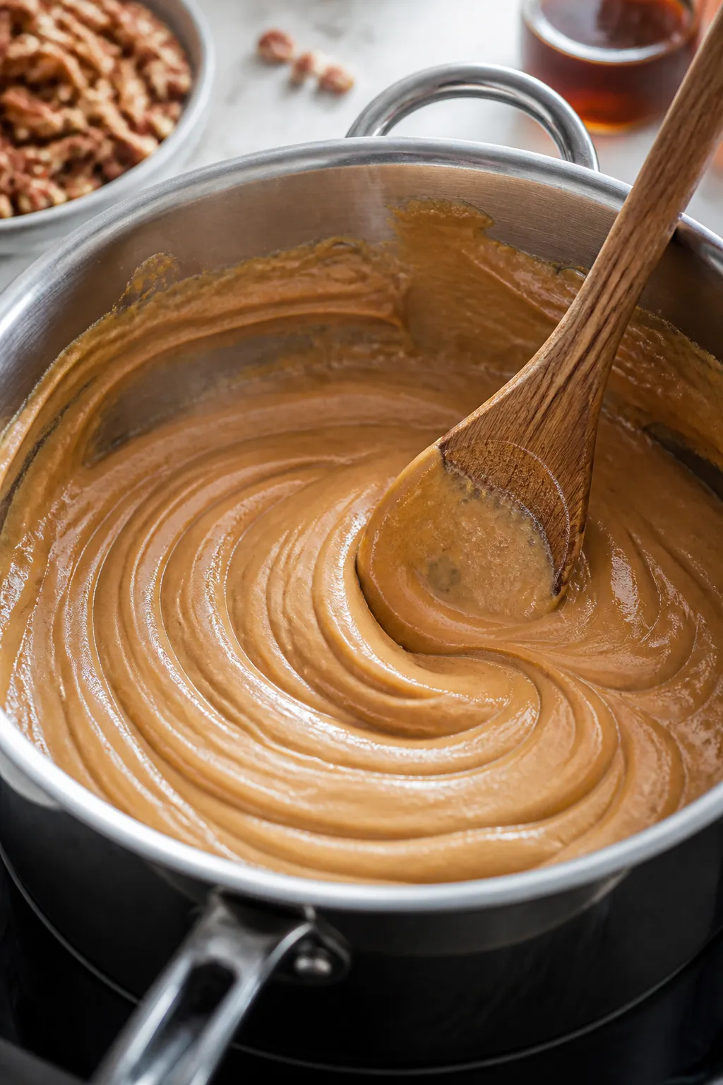 Close-up detail: Silky maple pecan fudge being beaten to a creamy, slightly matte finish in a heavy-