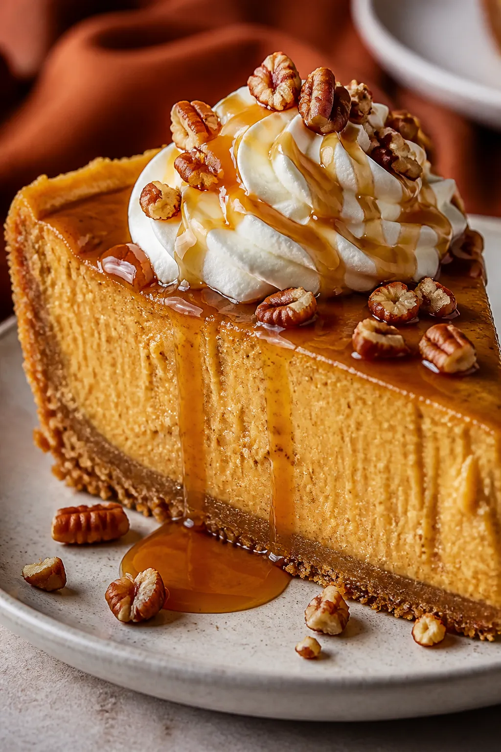 Close-up detail: Silky pumpkin pie cheesecake slice with a tight focus on the ultra-creamy, custard-