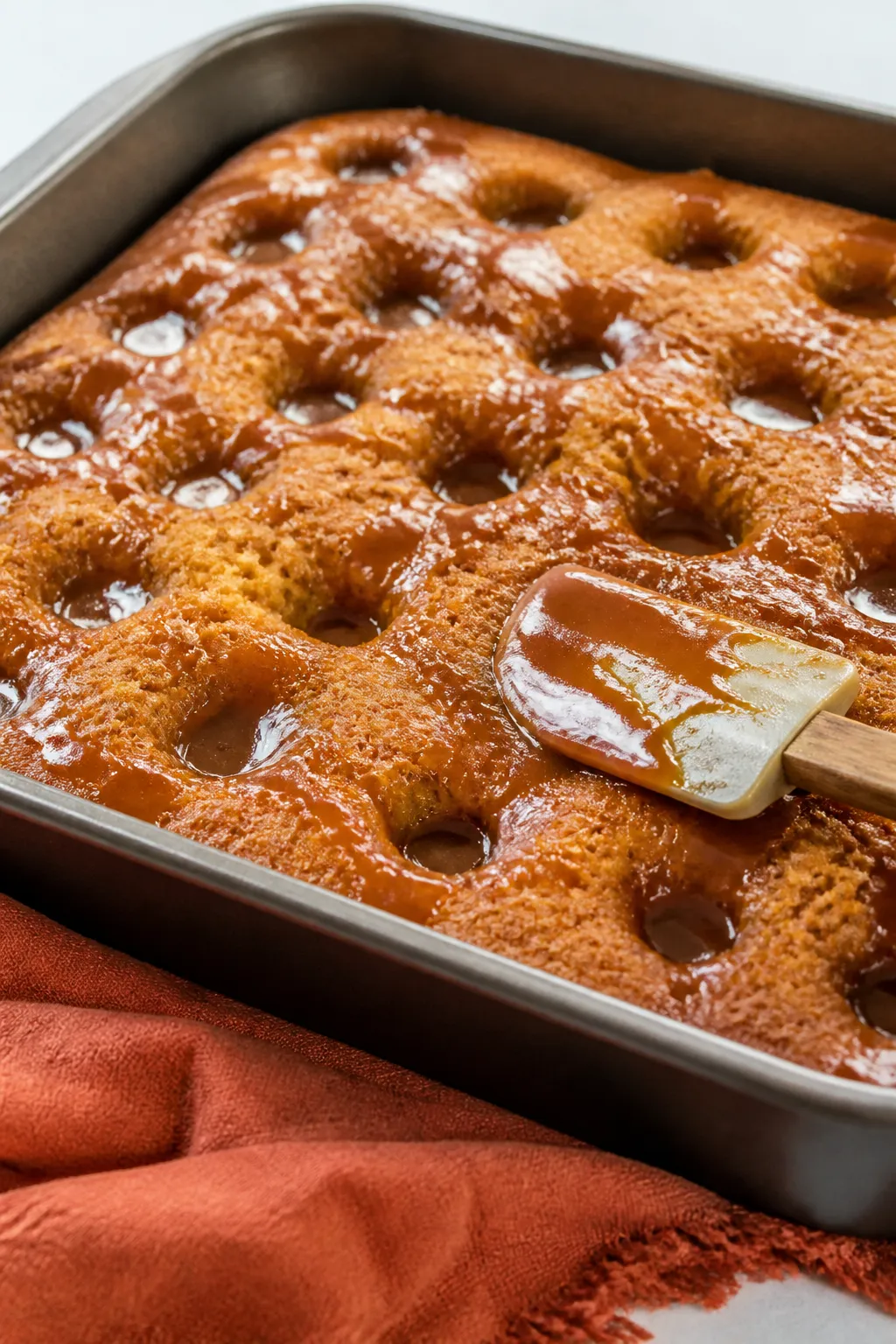 Close-up detail: Warm pumpkin caramel poke cake just after soaking, showing a 9x13 pan with evenly s