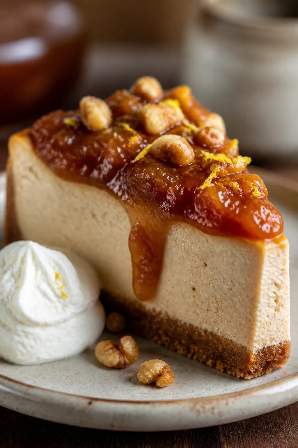Close-up final slice, 3/4 angle: A single slice of Apple Butter Cheesecake plated on a small stonewa