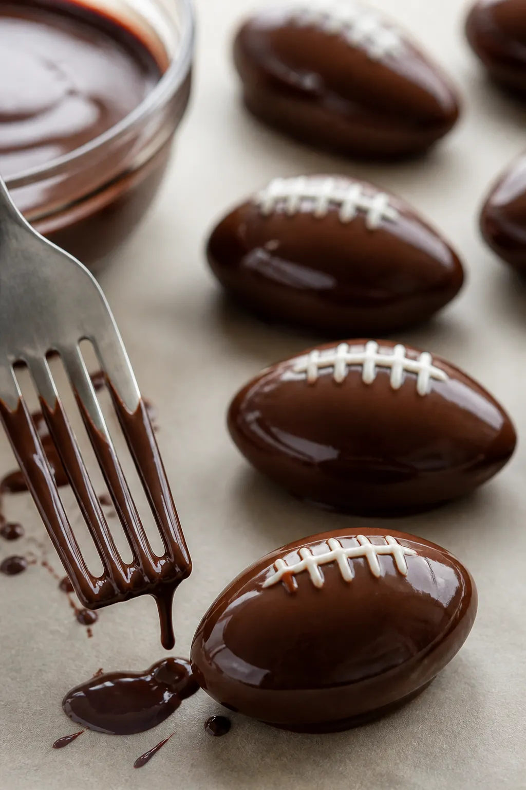 Close-up process shot: freshly dipped football-shaped chocolate truffles resting on parchment, exces