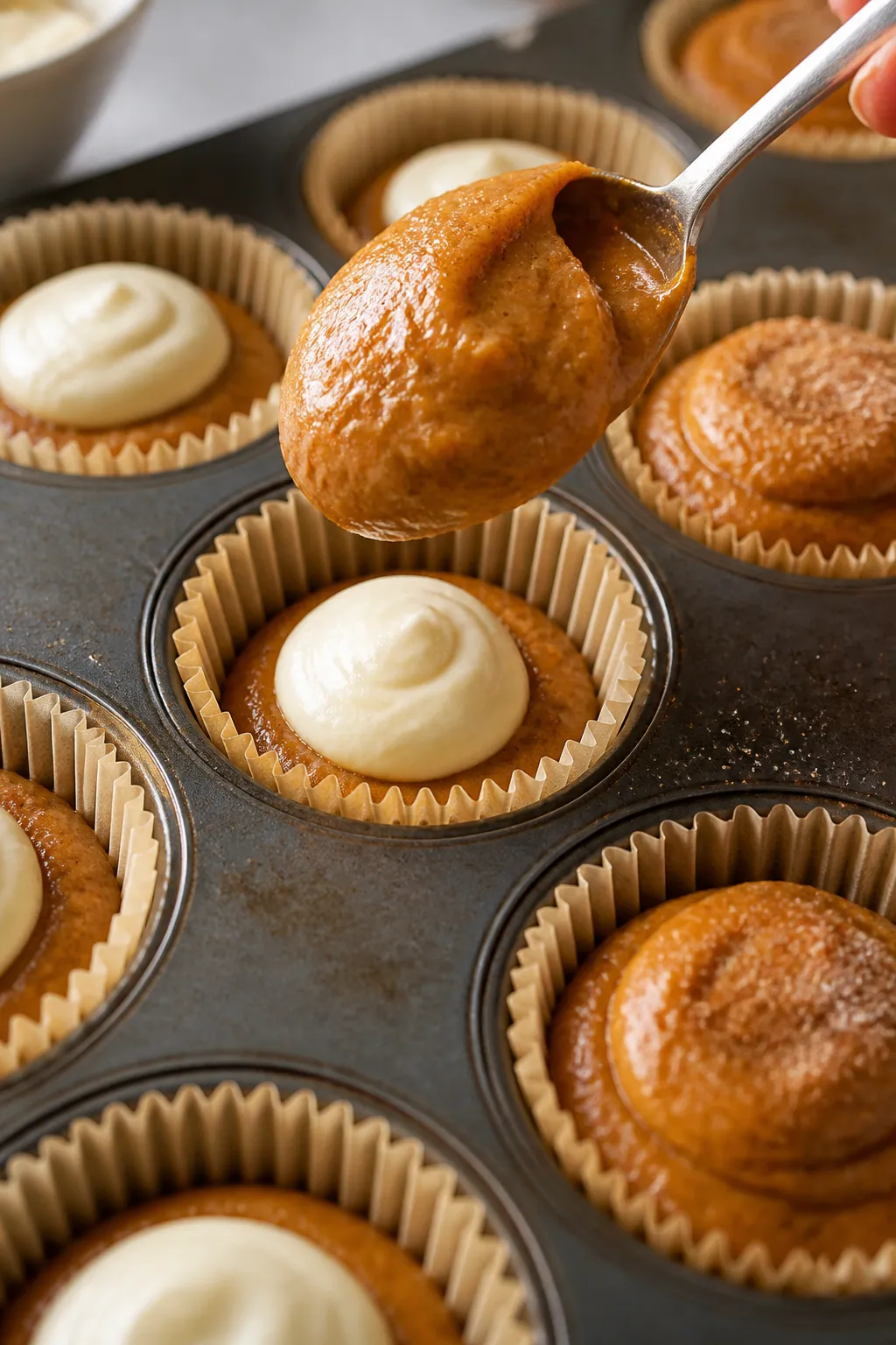 Close-up process shot: Pumpkin cream cheese muffin assembly in a lined muffin tin, first layer of pu