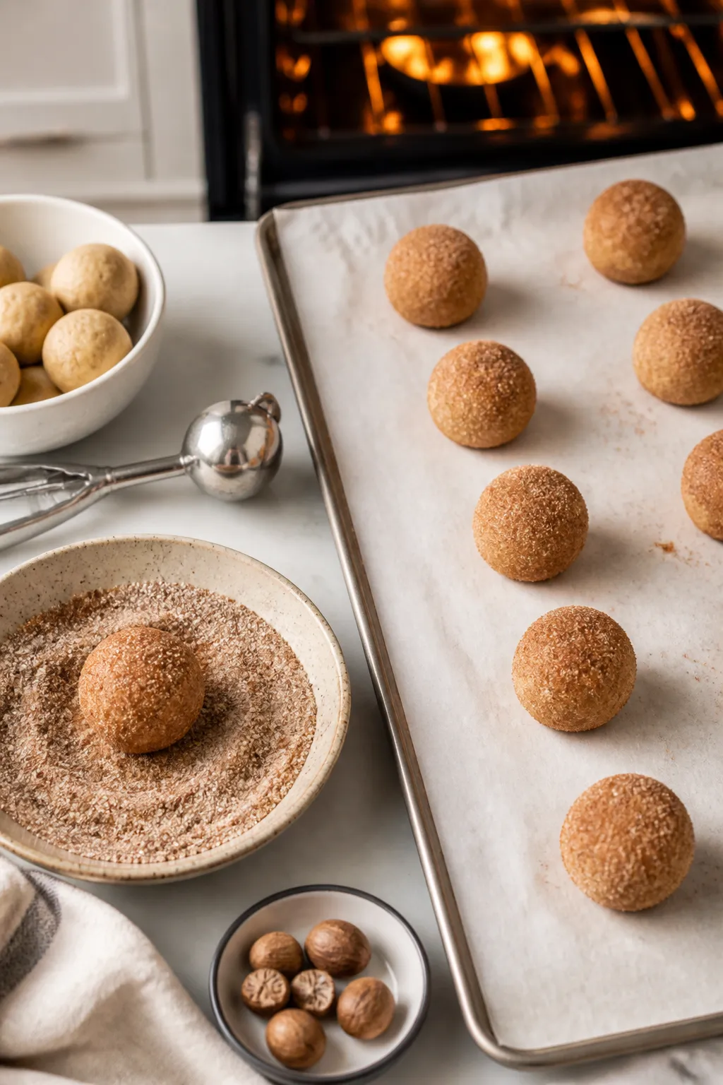 Cooking process: Chilled dough balls being rolled in a cinnamon-nutmeg sugar mixture, then placed on