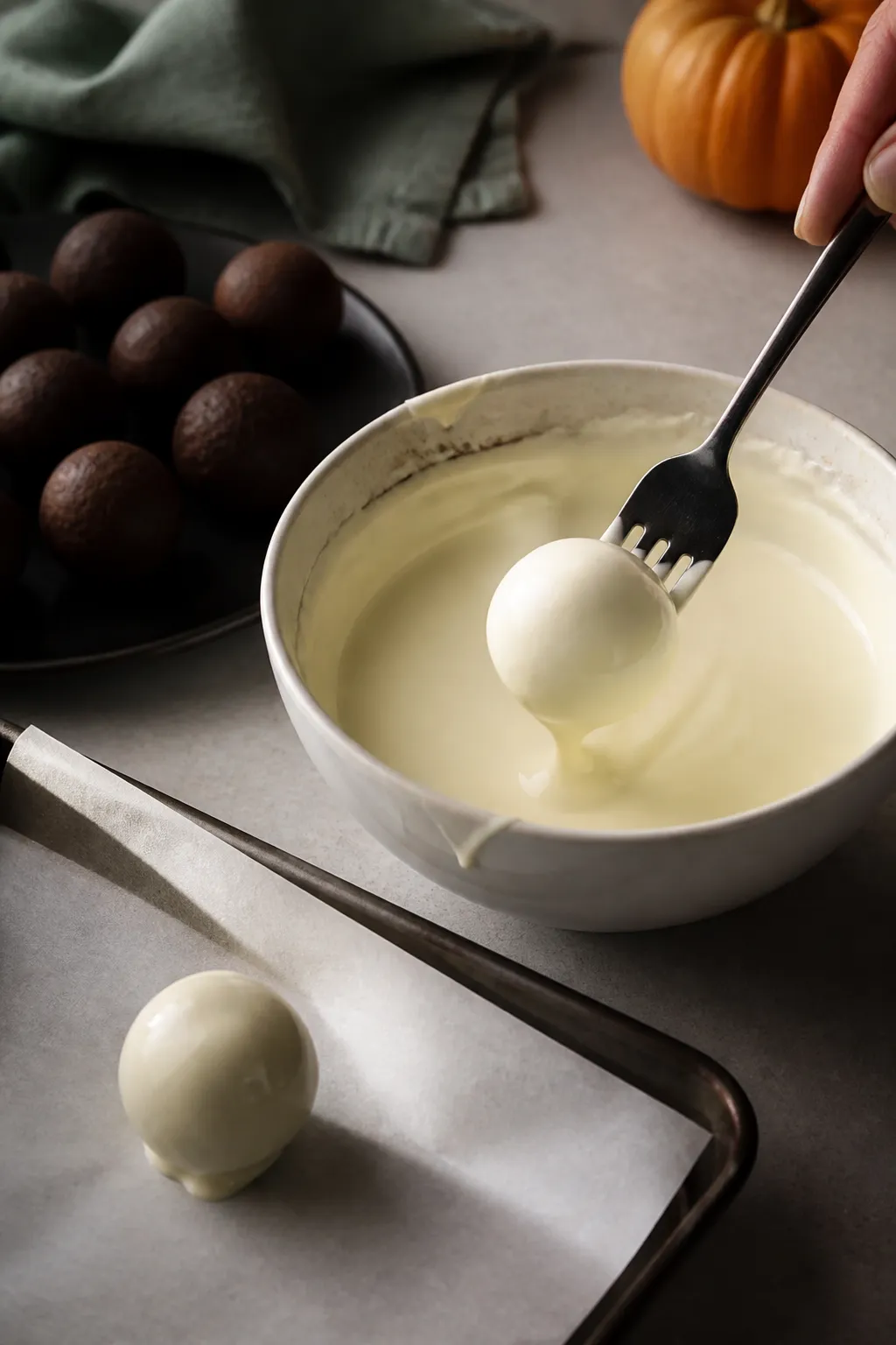 Cooking process: Chilled Pumpkin Oreo Balls being dipped with a fork into a silky bowl of melted whi