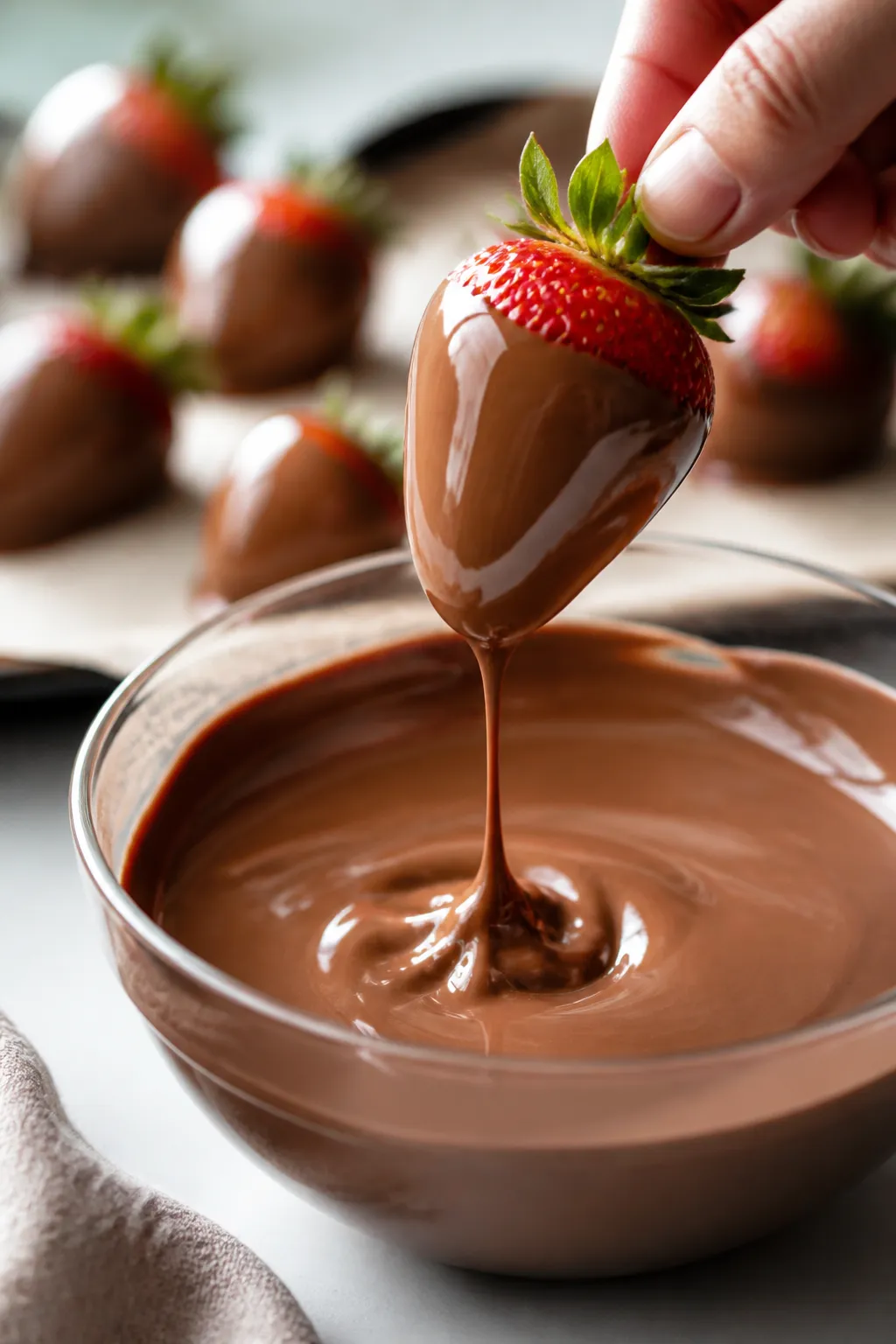 Cooking process close-up: A just-dipped strawberry held by its green top, glossy milk chocolate coat