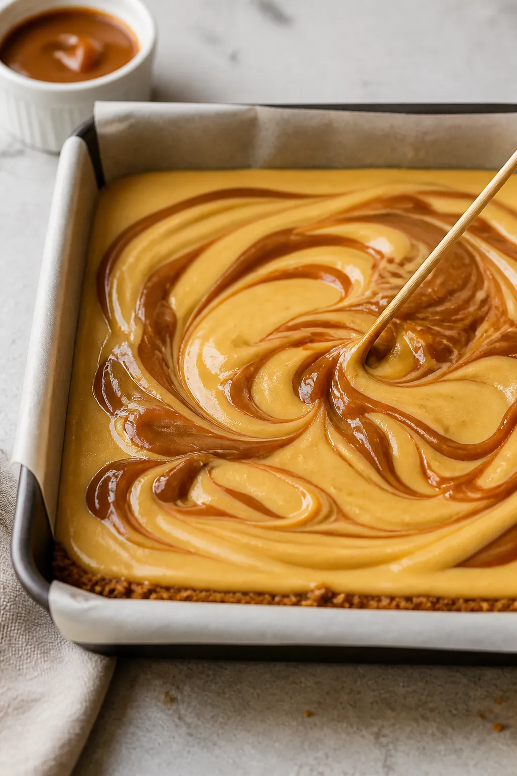 Cooking process close-up: Warm caramel being gently swirled into a glossy pumpkin cheesecake batter 