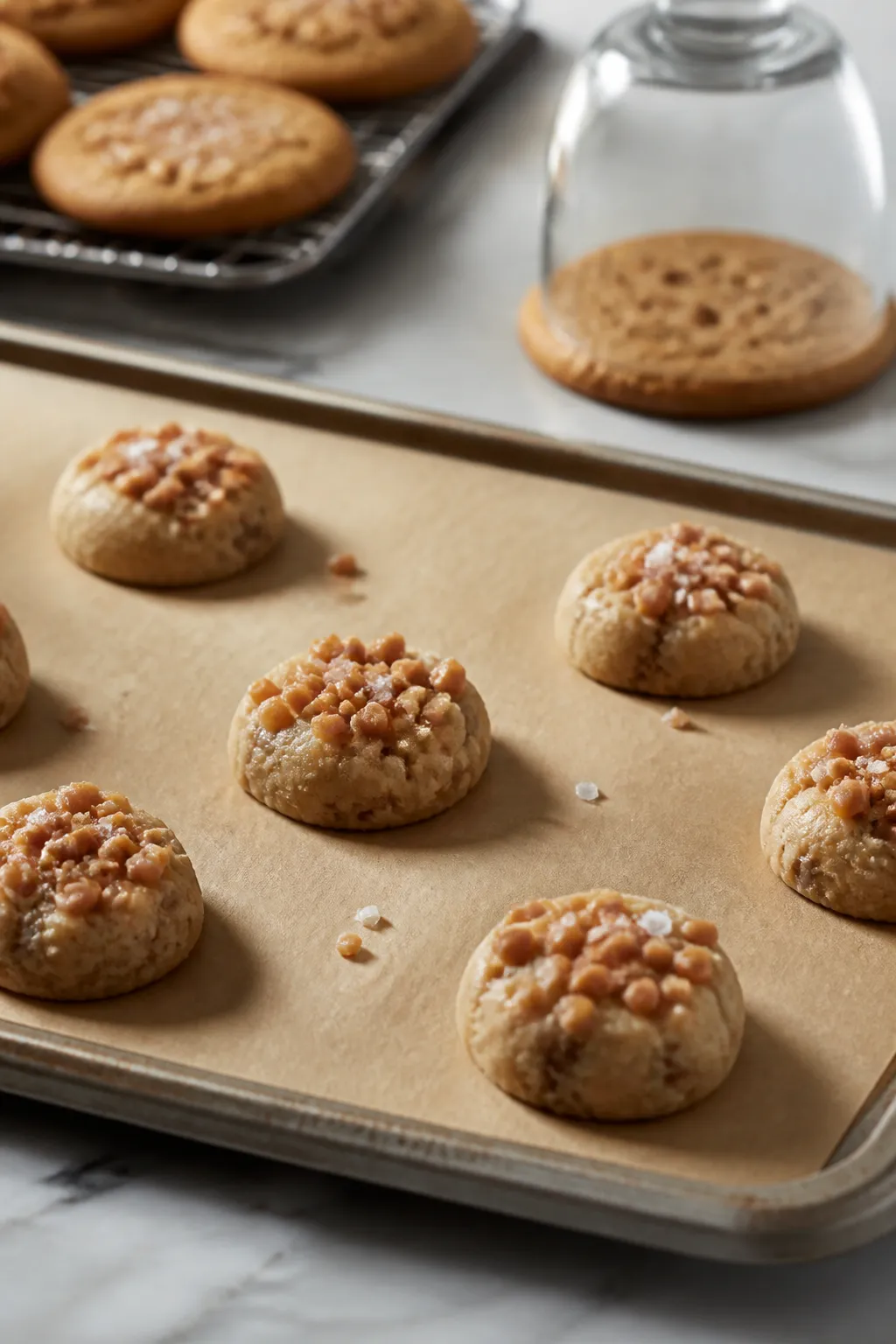 Cooking process: Cookie dough scoops on a parchment-lined tray, each portion pressed with extra toff