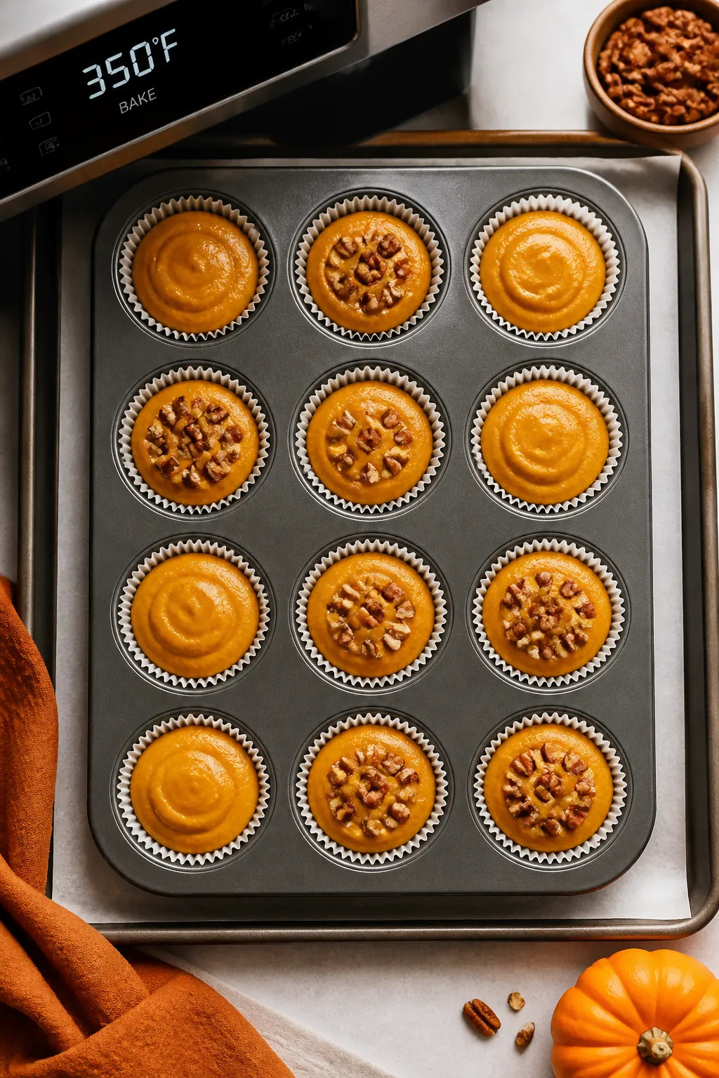 Cooking process: Overhead shot of a 12-cup muffin pan filled 3/4 full with thick, silky pumpkin batt