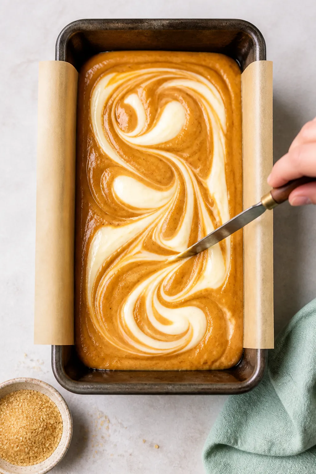 Cooking process: Overhead shot of a 9x5-inch loaf pan lined with a parchment sling as the pumpkin ba