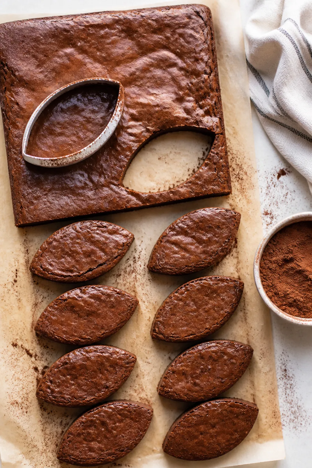 Cooking process: Overhead shot of a cooled 9x13 slab of brownies on parchment just lifted from the p