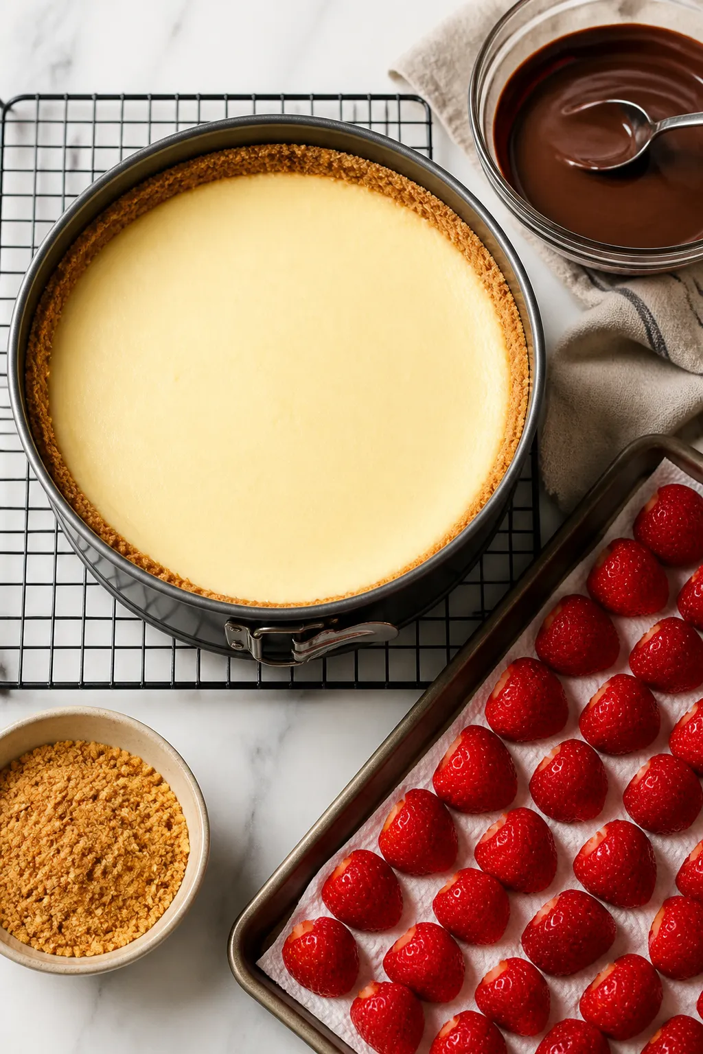 Cooking process: Overhead shot of a freshly baked cheesecake still in the 9-inch springform pan, edg