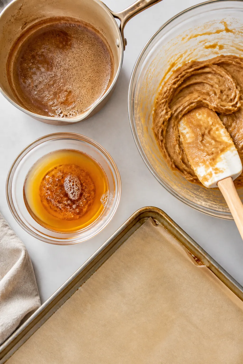 Cooking process: Overhead shot of a light-colored saucepan with finished brown butter poured into a