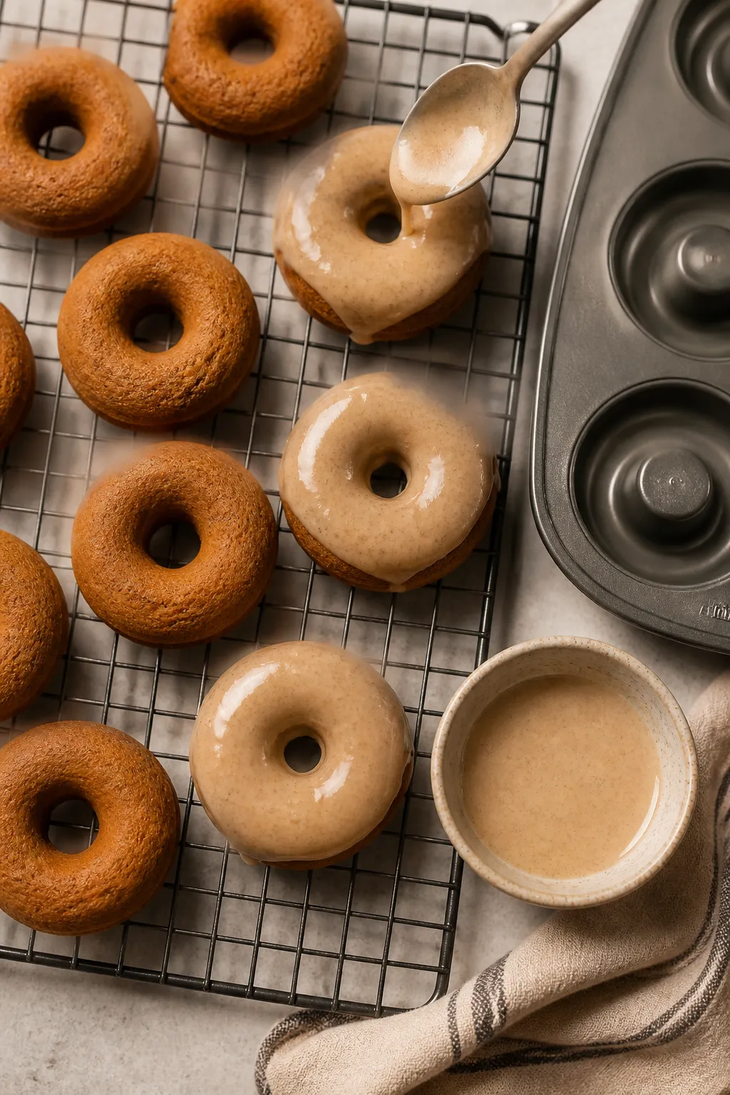 Cooking process: Overhead shot of baked pumpkin spice donuts cooling on a wire rack next to a donut 