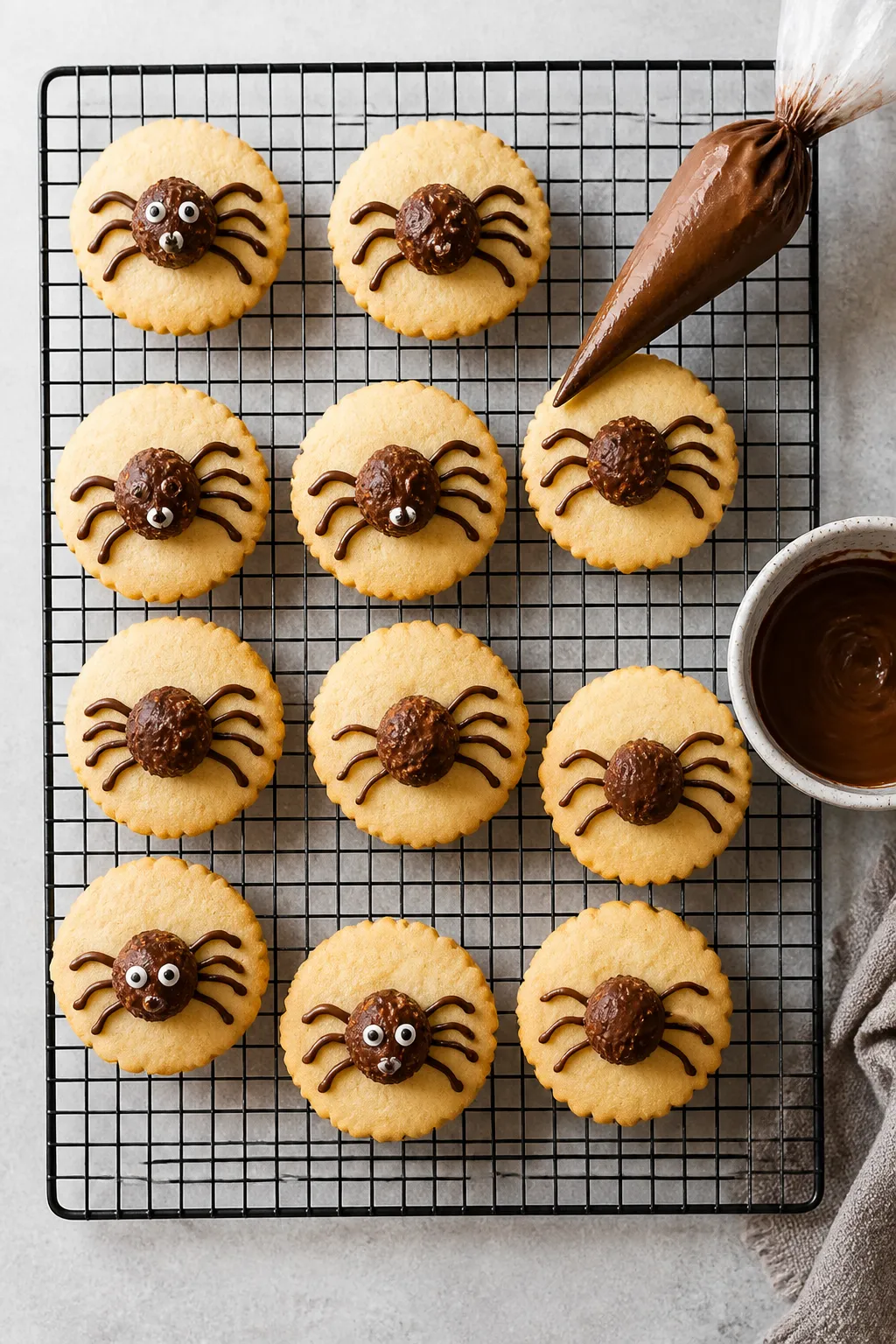 Cooking process: Overhead shot of decorating the cookies—melted chocolate in a small piping bag fo